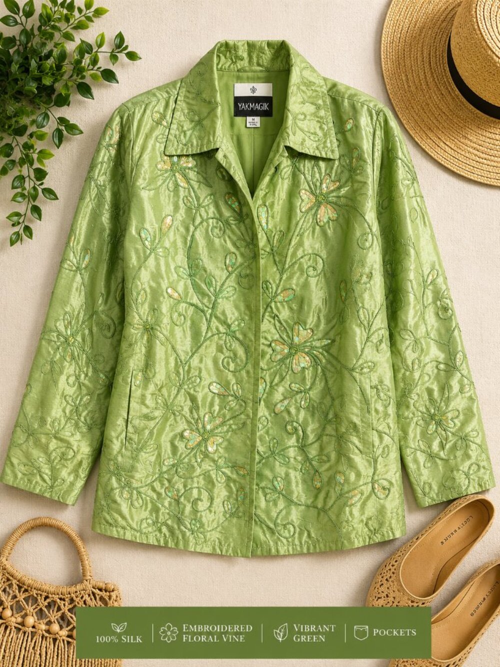 Yak Magik 100% Silk Embroidered Jacket Green Floral Vine Shacket Women's M